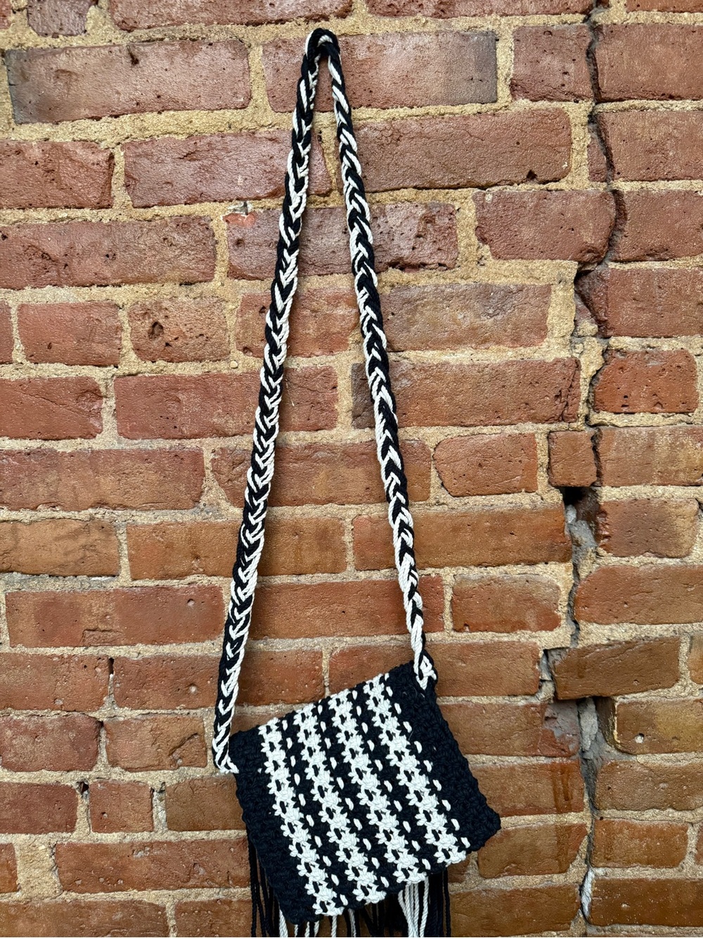 Boho Black & White Crochet Fringe Crossbody Bag - Picture 5 of 5